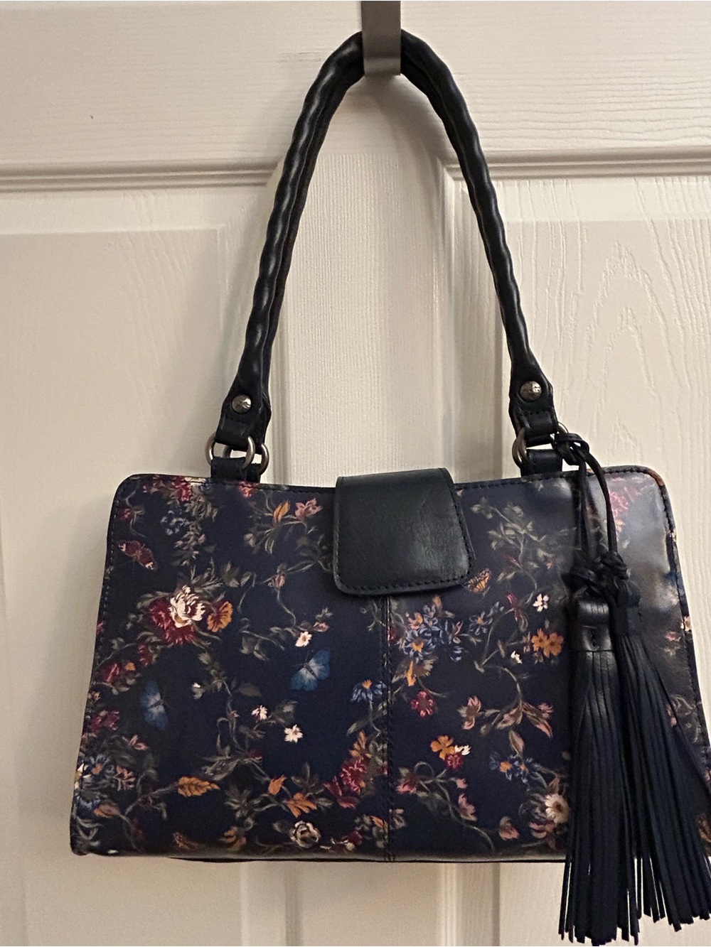 Patricia Nash Navy Leather Floral Shoulder Bag with Tassel